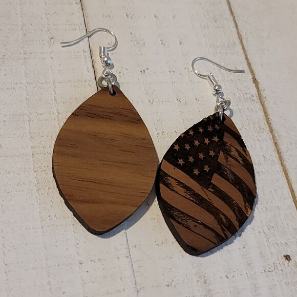 Handmade American Flag Dangle Earrings – Laser Cut Wood Patriotic Jewelry - Picture 7 of 7